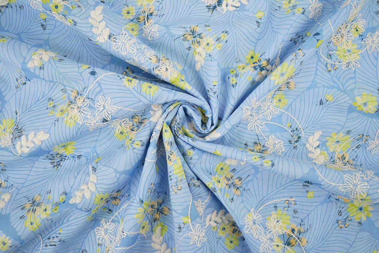 Coton Brodé Fleurs Nola Bleu Jean