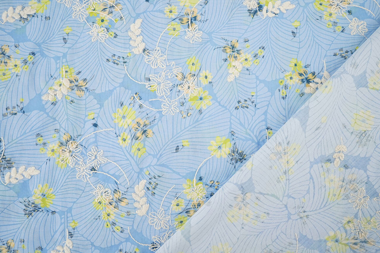 Algodón Bordado Flores Nola Azul Denim