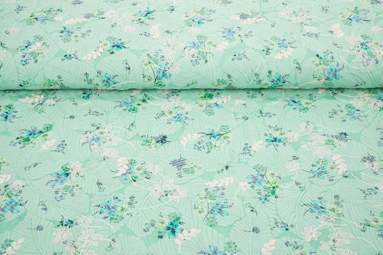Cotone Ricamato Fiori Nola Verde Menta Cotone Ricamato Fiori Nola Verde Menta