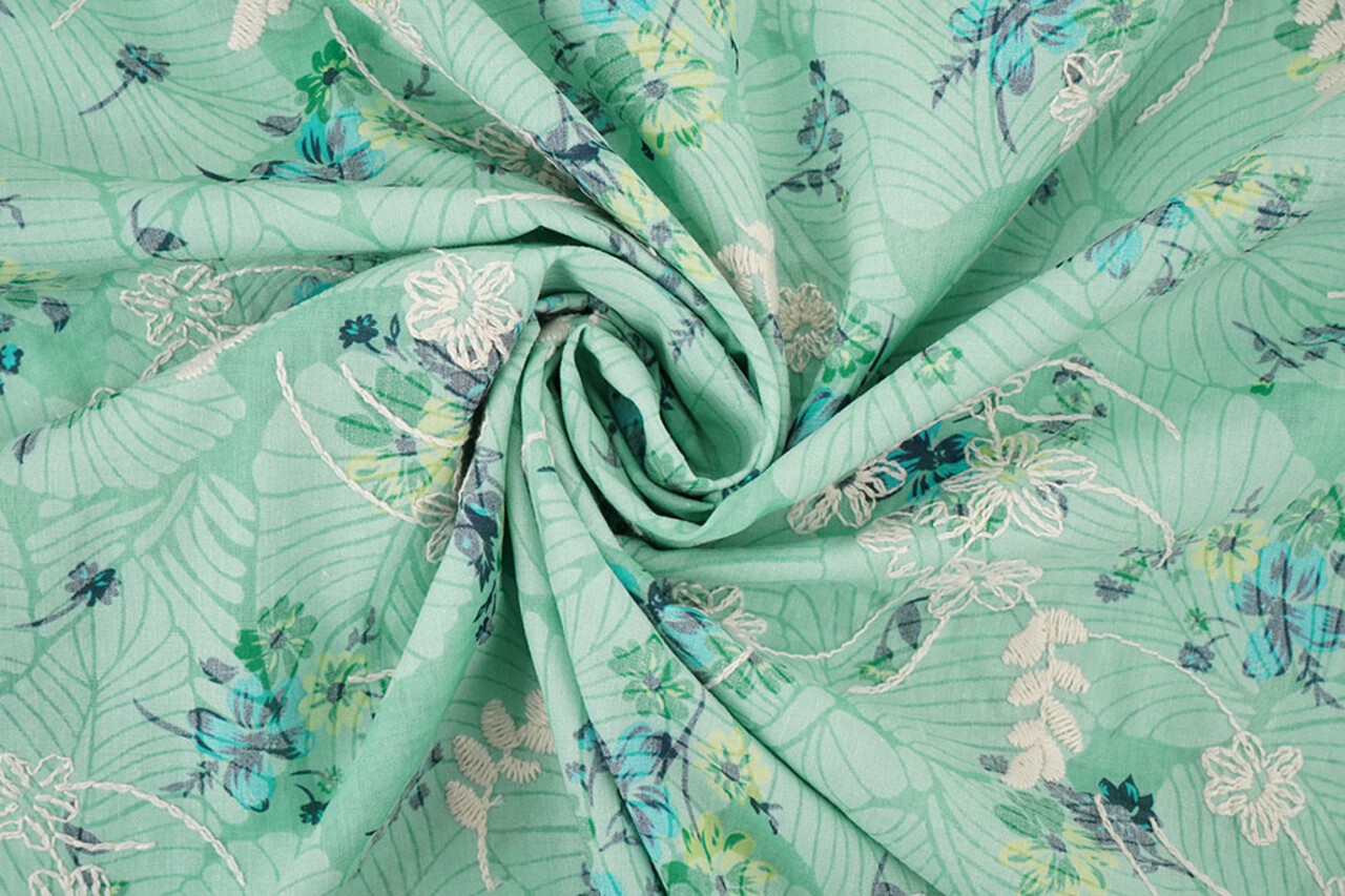 Cotone Ricamato Fiori Nola Verde Menta Cotone Ricamato Fiori Nola Verde Menta