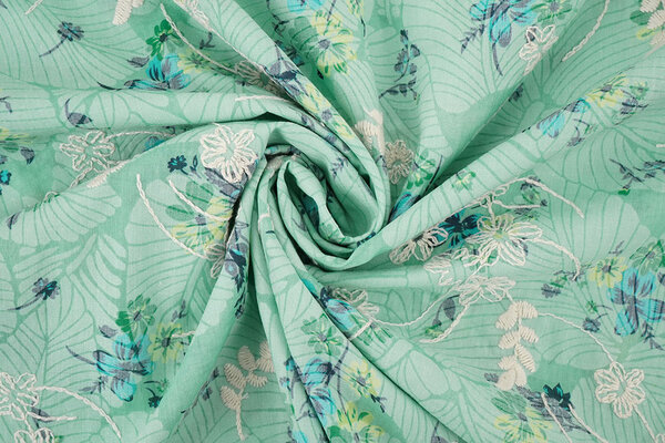 Cotone Ricamato Fiori Nola Verde Menta Cotone Ricamato Fiori Nola Verde Menta