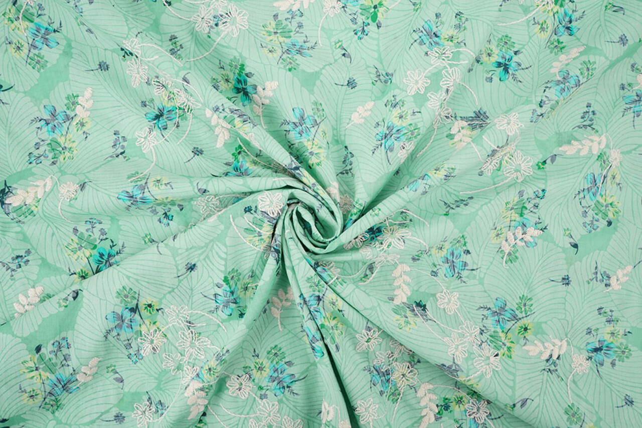 Cotone Ricamato Fiori Nola Verde Menta Cotone Ricamato Fiori Nola Verde Menta