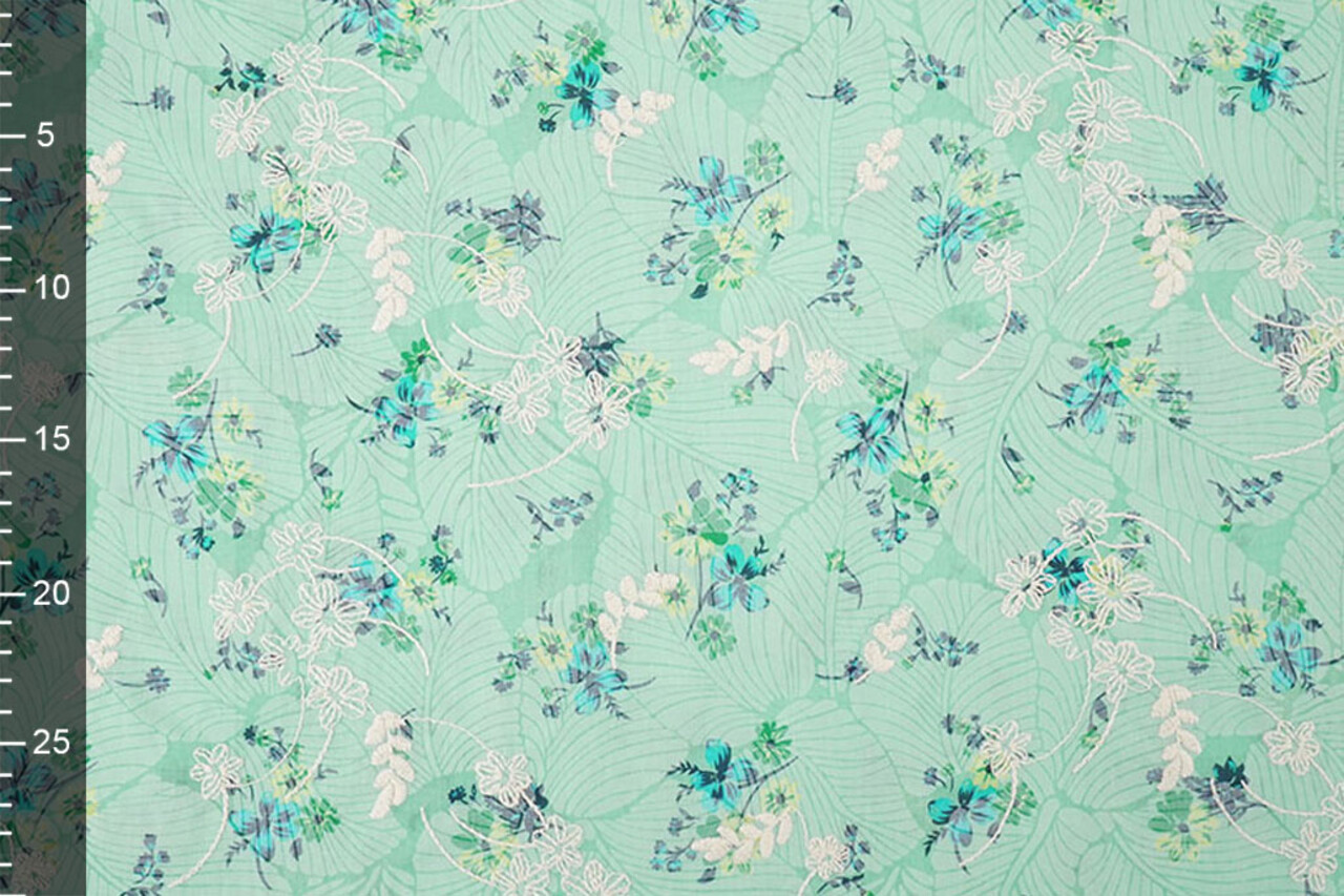 Coton Brodé Fleurs Nola Vert Menthe
