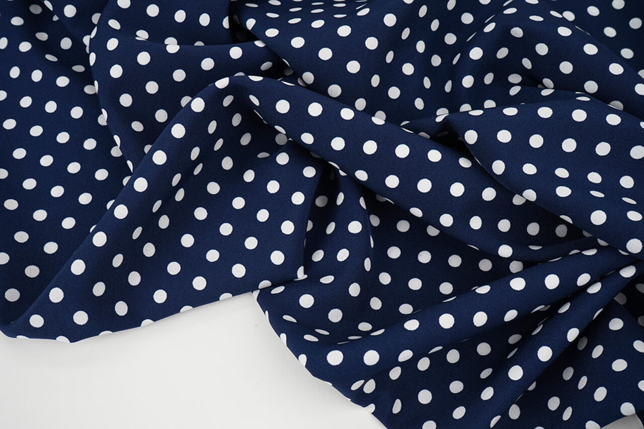 Fine Crêpe Pois Blu Navy - Bianco Fine Crêpe Pois Blu Navy - Bianco