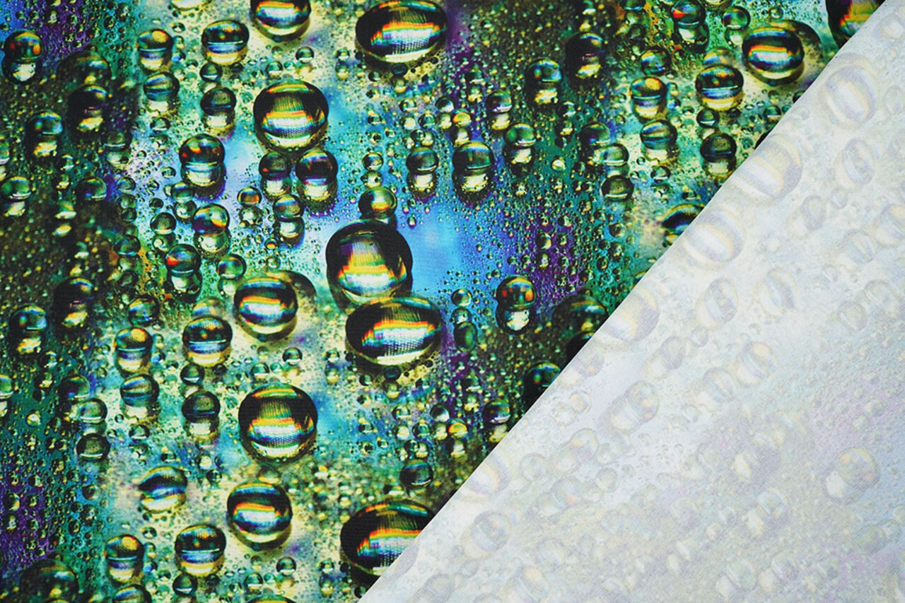 Oeko-Tex® Bi-Stretch Bedrukt Druppels Oeko-Tex® Bi-Stretch Bedrukt Druppels