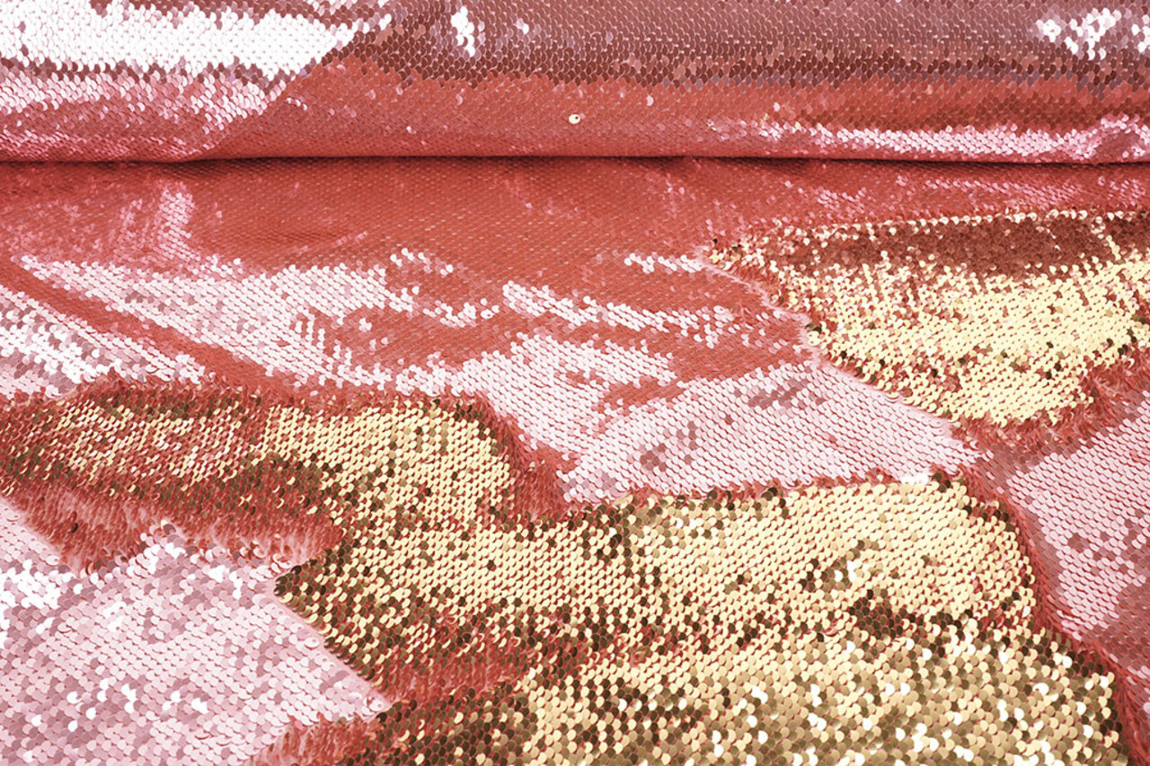 Reversible Sequin Fabric Pink-Gold on Pink Satin