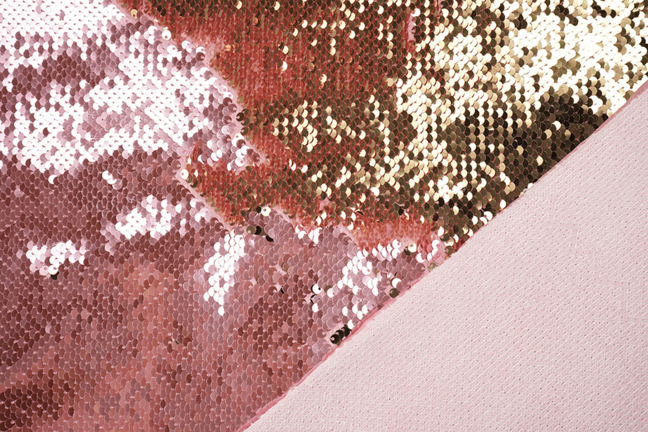 Reversible Sequin Fabric Pink-Gold on Pink Satin