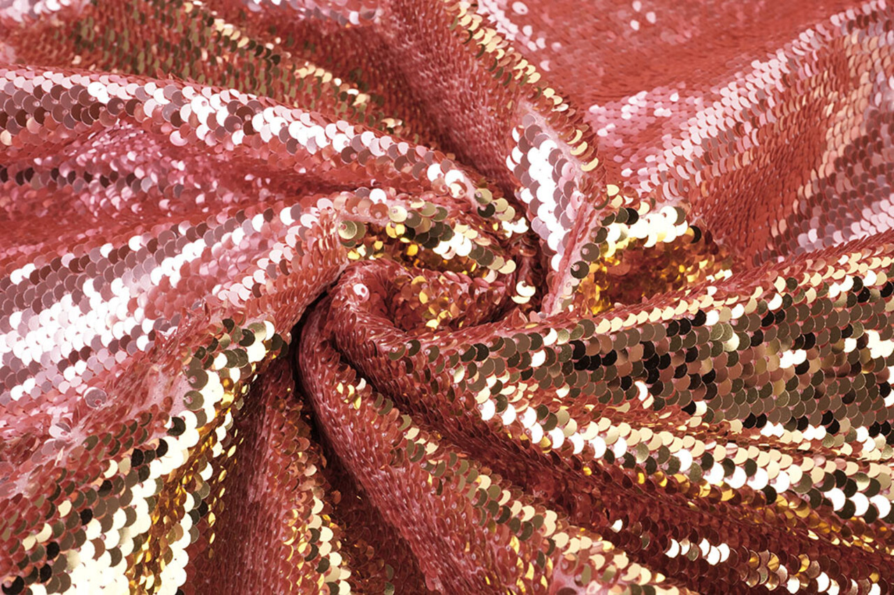 Reversible Sequin Fabric Pink-Gold on Pink Satin