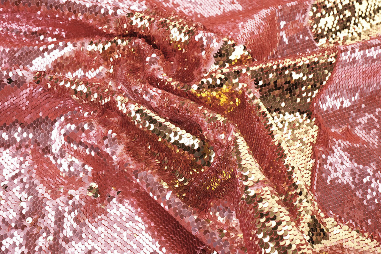 Omkeerbare Pailletten Stof Roze-Goud op Roze Satijn Omkeerbare Pailletten Stof Roze-Goud op Roze Satijn