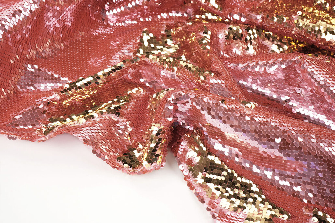 Reversible Sequin Fabric Pink-Gold on Pink Satin