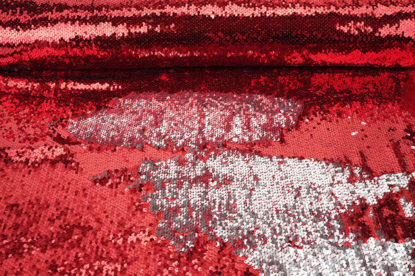 Reversible Sequin Fabric Red-Silver on Red Satin