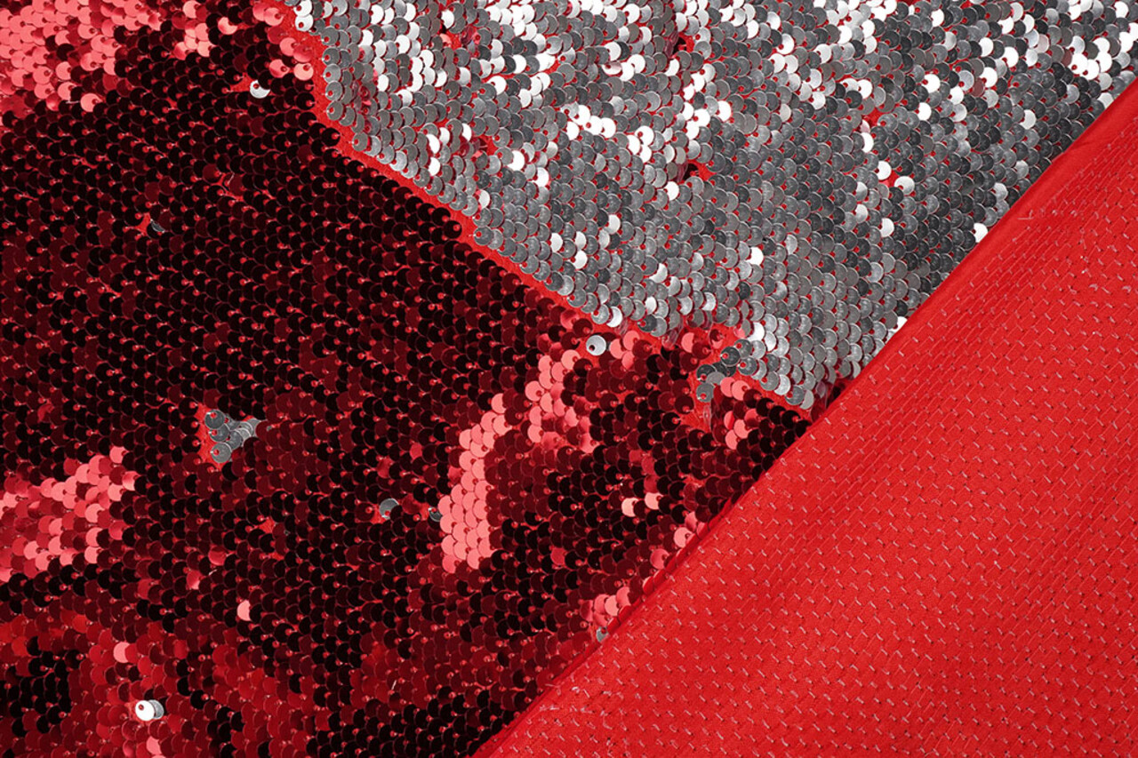 Reversibler Paillettenstoff Rot-Silber auf Rot Satin