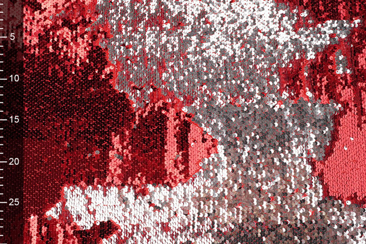Omkeerbare Pailletten Stof Rood-Zilver op Rood Satijn Omkeerbare Pailletten Stof Rood-Zilver op Rood Satijn