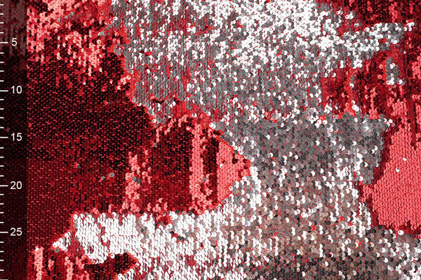 Reversibler Paillettenstoff Rot-Silber auf Rot Satin