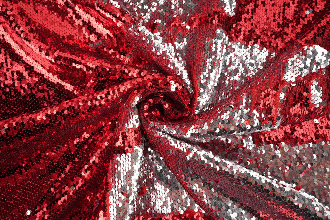 Reversible Sequin Fabric Red-Silver on Red Satin