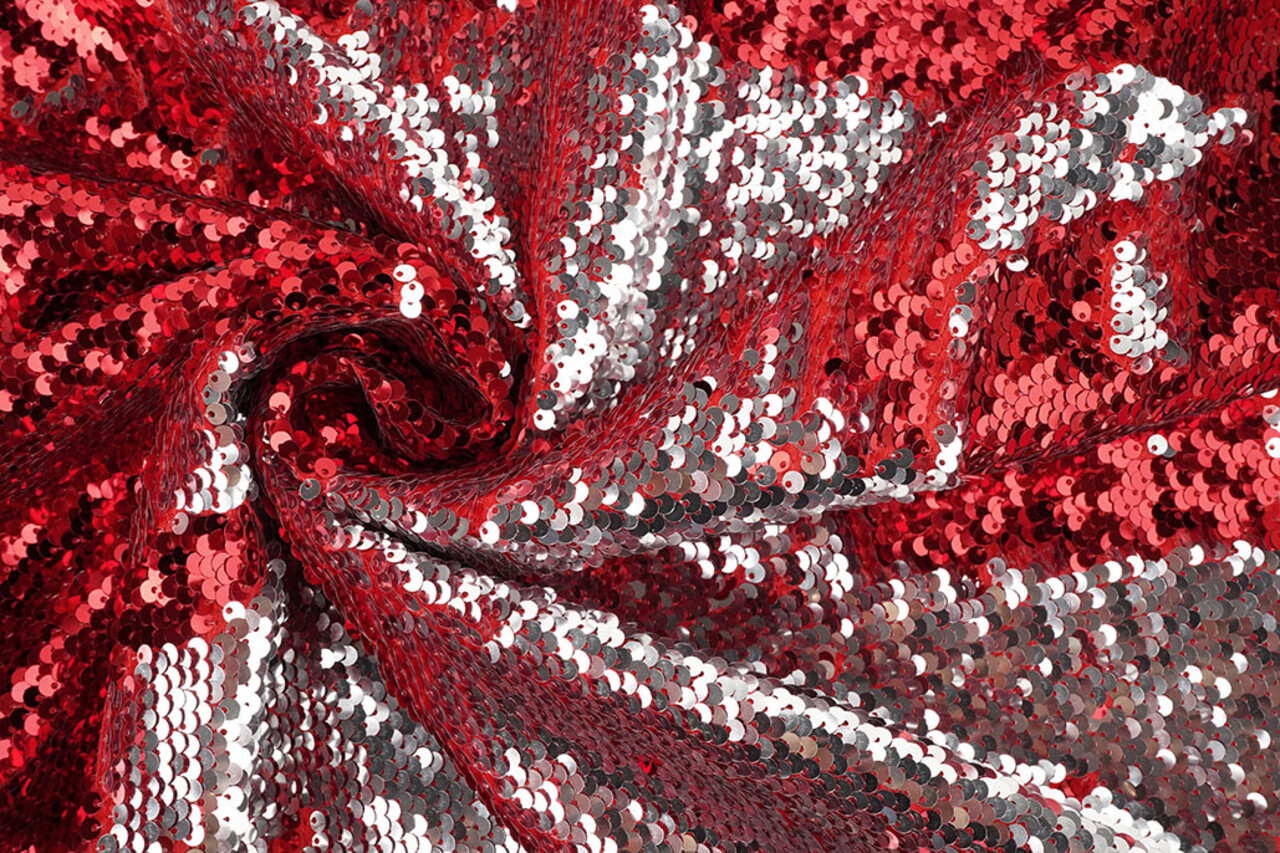 Reversible Sequin Fabric Red-Silver on Red Satin