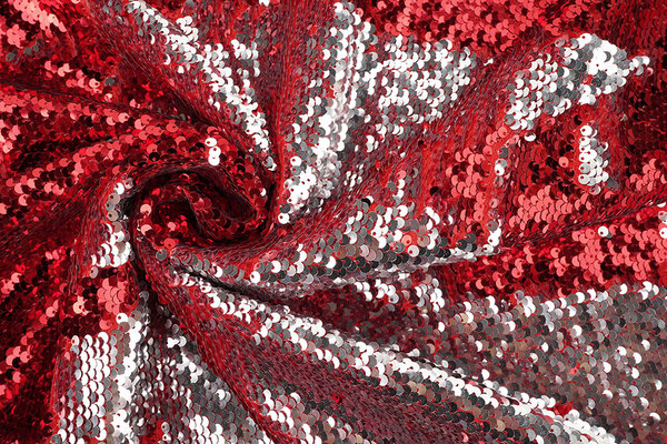 Reversibler Paillettenstoff Rot-Silber auf Rot Satin