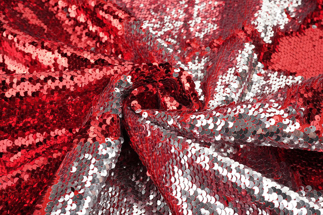 Reversible Sequin Fabric Red-Silver on Red Satin