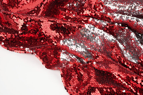 Reversibler Paillettenstoff Rot-Silber auf Rot Satin