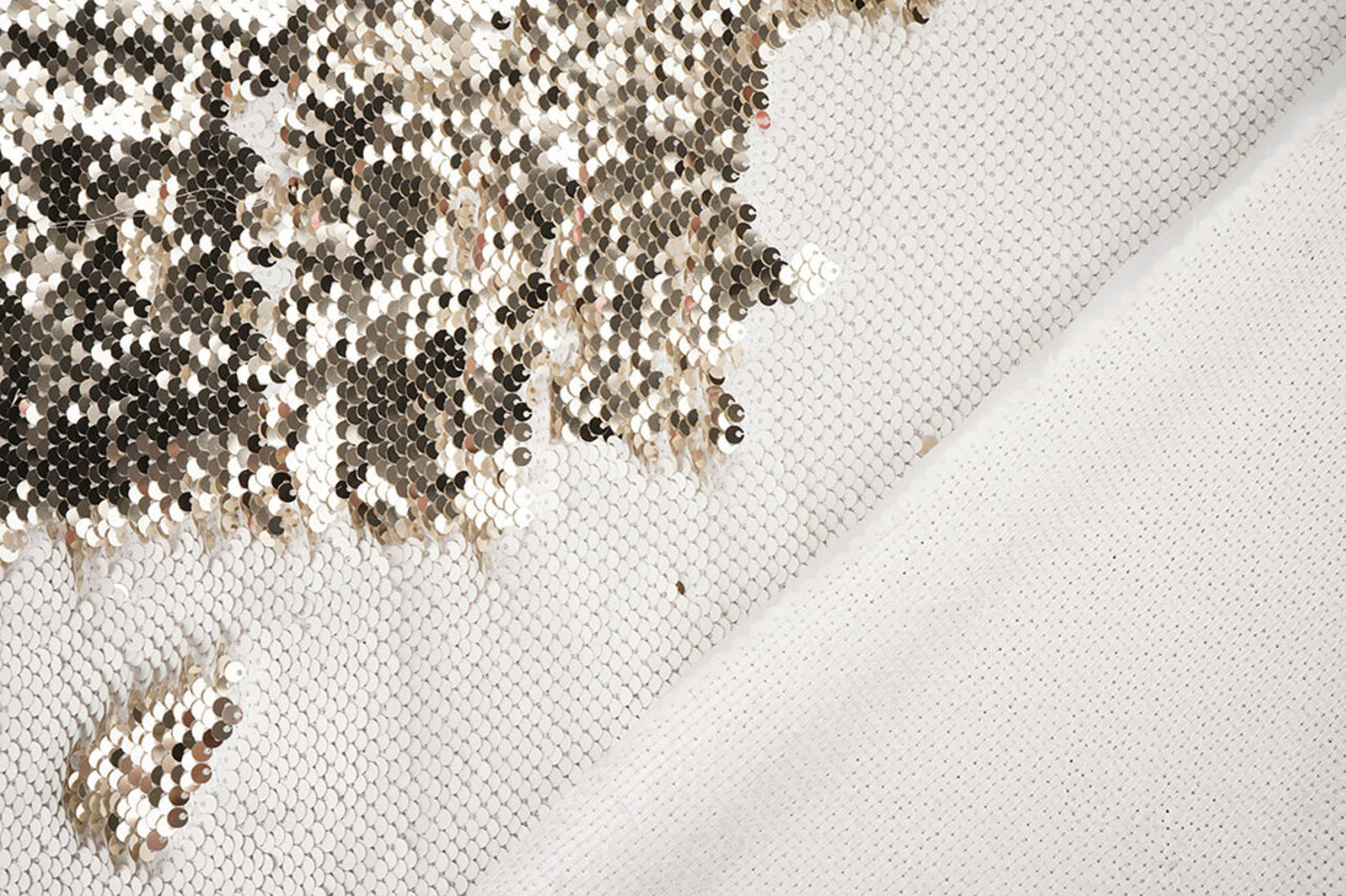 Reversible Sequin Fabric Matte White-Shiny Champagne on White Satin