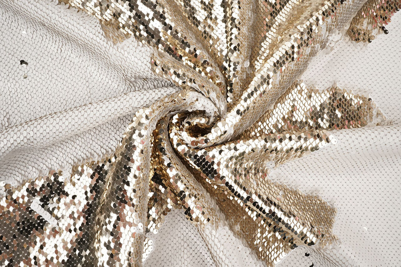 Reversible Sequin Fabric Matte White-Shiny Champagne on White Satin