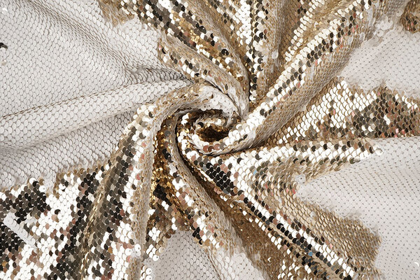 Reversible Sequin Fabric Matte White-Shiny Champagne on White Satin