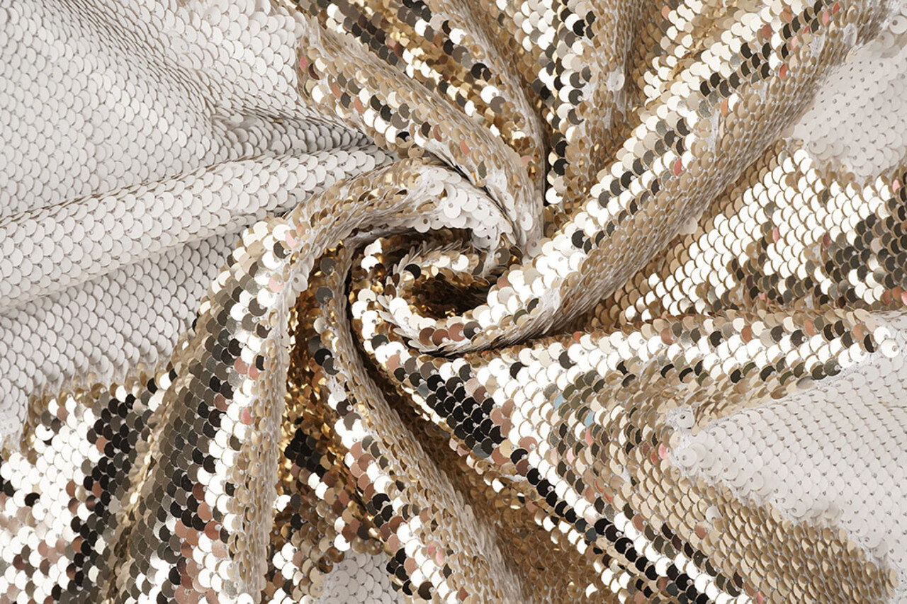 Reversible Sequin Fabric Matte White-Shiny Champagne on White Satin