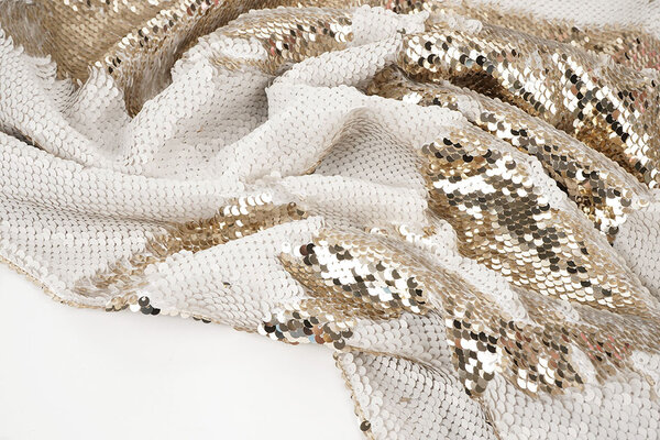 Reversible Sequin Fabric Matte White-Shiny Champagne on White Satin