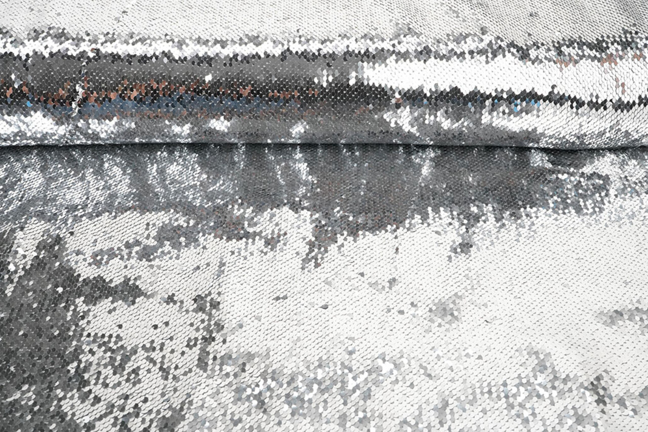 Reversible Sequin Fabric Silver -Silver on White Satin Reversible Sequin Fabric Silver -Silver on White Satin