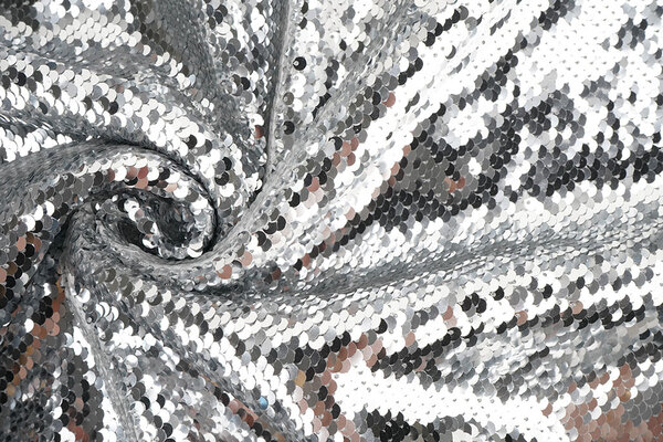Reversibler Paillettenstoff Silber -Silber auf Weiß Satin