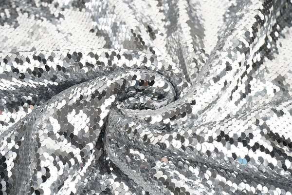 Reversibler Paillettenstoff Silber -Silber auf Weiß Satin