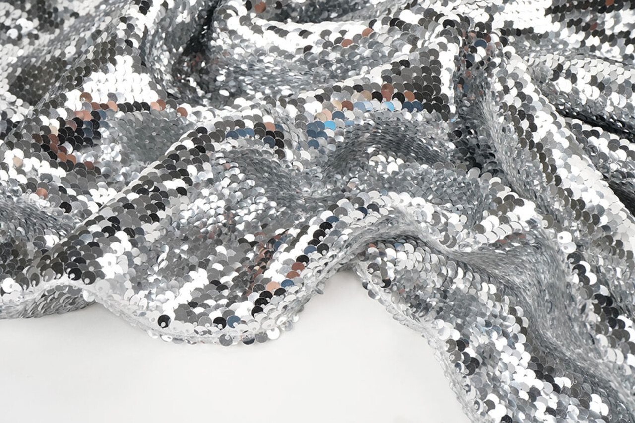 Reversible Sequin Fabric Silver -Silver on White Satin Reversible Sequin Fabric Silver -Silver on White Satin