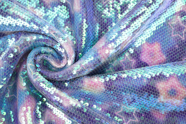 Sequin Fabric Pearlescent on Printed Satin Stars