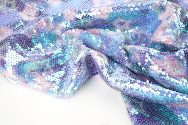Sequin Fabric Pearlescent on Printed Satin Stars