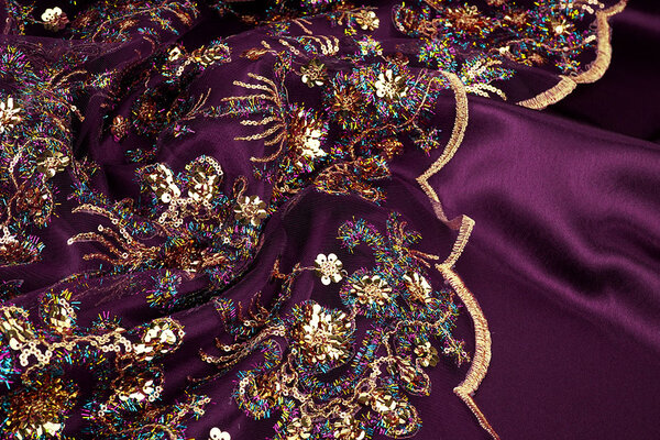 Netz Bestickt Pailletten Ishani Aubergine Netz Bestickt Pailletten Ishani Aubergine