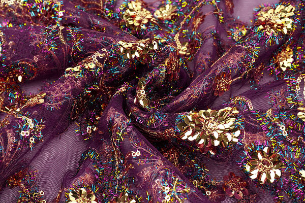 Netz Bestickt Pailletten Ishani Aubergine Netz Bestickt Pailletten Ishani Aubergine