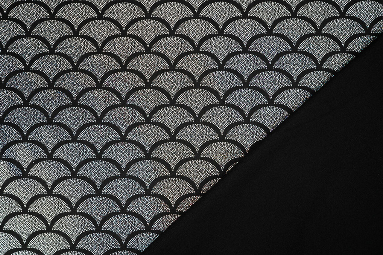 Folienjersey Mermaid Fantasy Silber auf Schwarz