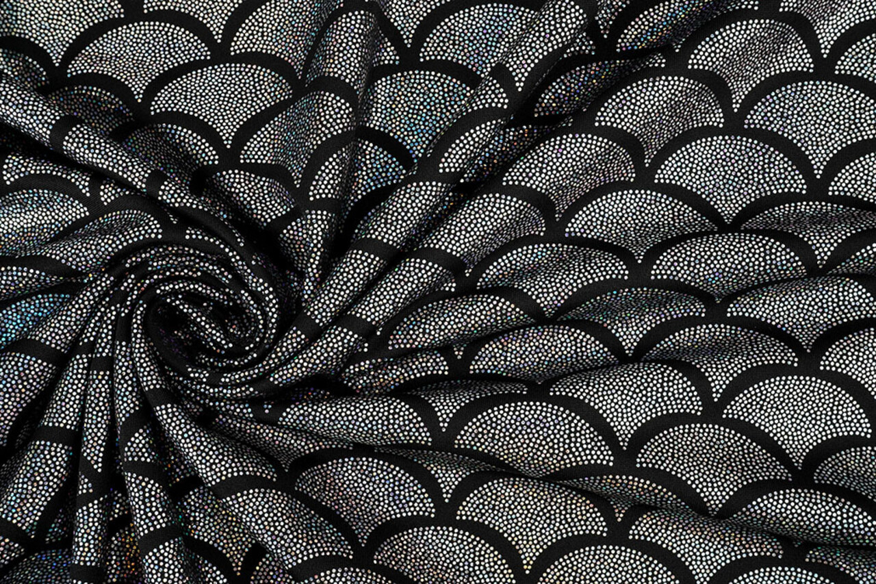 Folienjersey Mermaid Fantasy Silber auf Schwarz