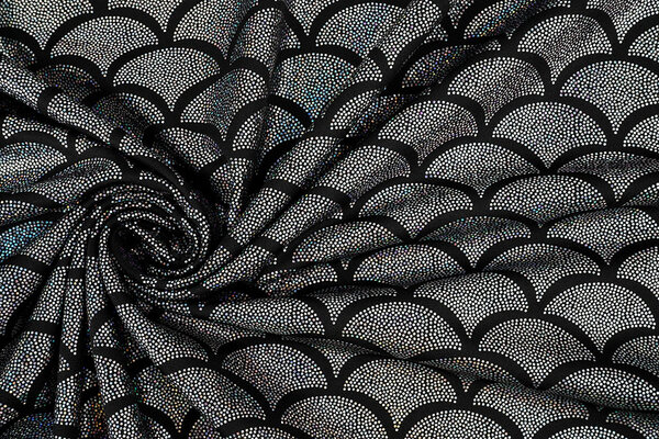 Folienjersey Mermaid Fantasy Silber auf Schwarz