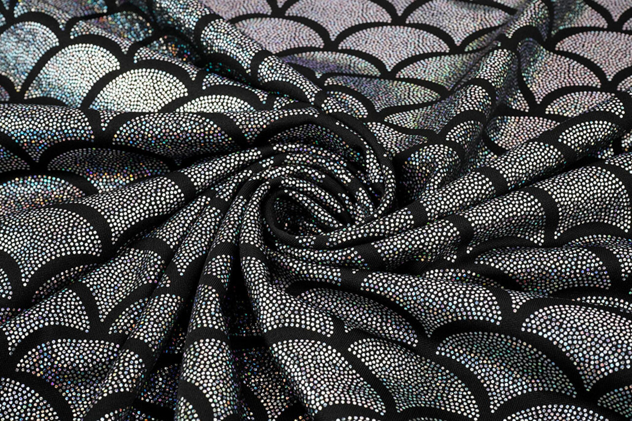 Folienjersey Mermaid Fantasy Silber auf Schwarz