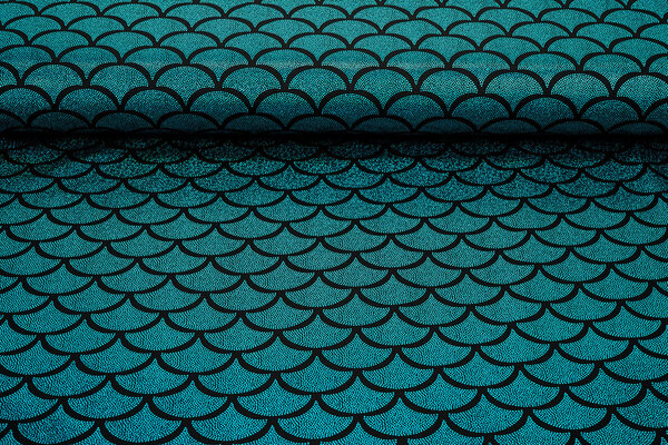 Folienjersey Mermaid Fantasy Aqua auf Schwarz
