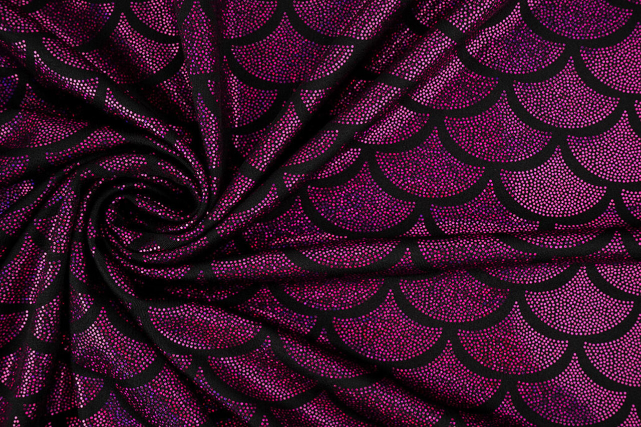 Folienjersey Mermaid Fantasy Alpenveilchen auf Schwarz Folienjersey Mermaid Fantasy Alpenveilchen auf Schwarz