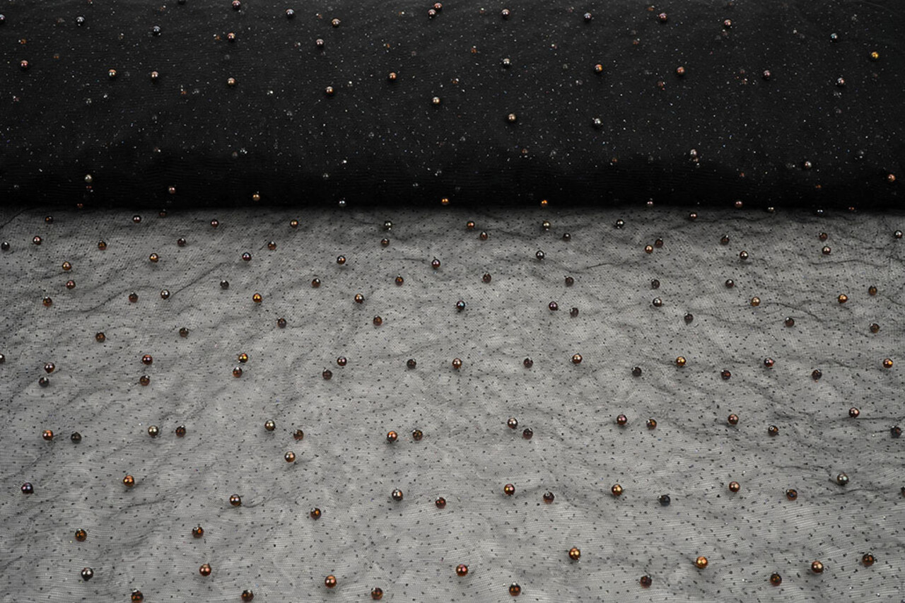 Fijne Glitter Tule met Parels Zwart Fijne Glitter Tule met Parels Zwart
