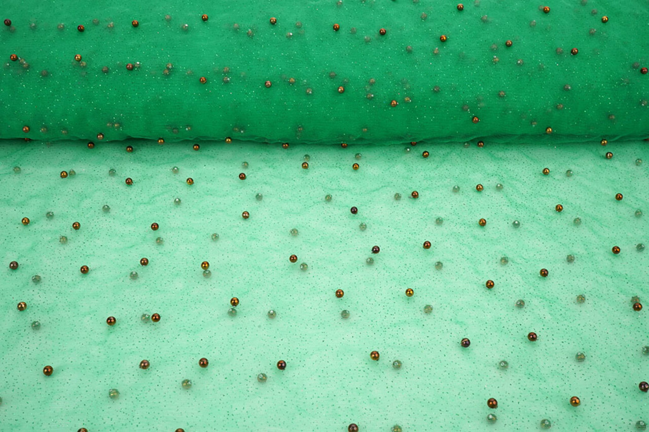 Feiner Glitzer Tüll mit Perlen Meergrün