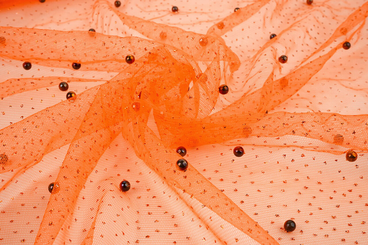 Tulle Fin à Paillettes avec Perles Orange