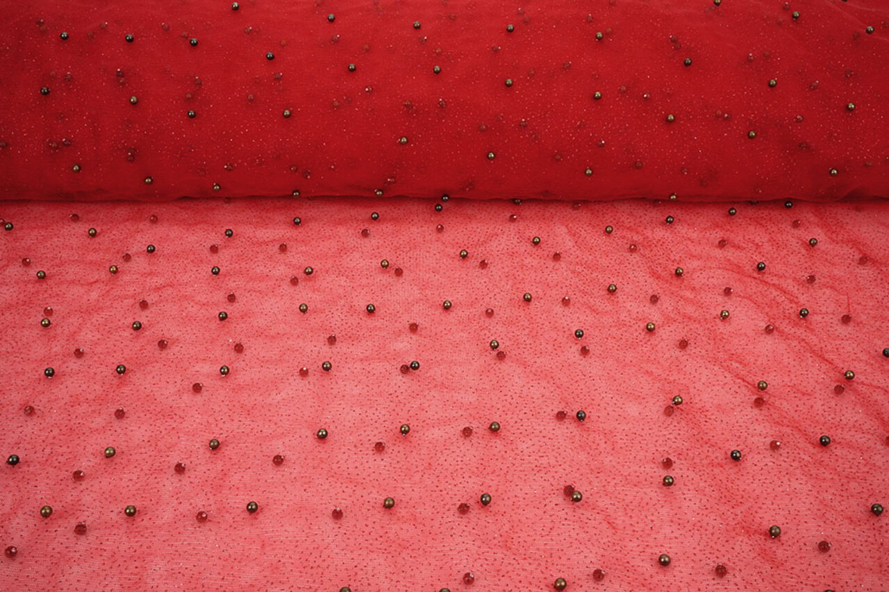 Fine Glitter Tulle with Pearls Red Fine Glitter Tulle with Pearls Red