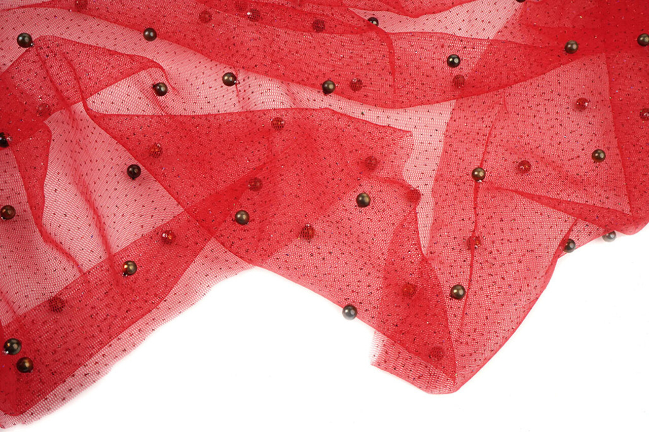 Fine Glitter Tulle with Pearls Red Fine Glitter Tulle with Pearls Red