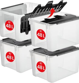 IRIS Iris Ohyama, Plastic Opbergdoos met Vleugeldeksel, 48L, Set van 4, Helder, BPA-Vrij met Handgrepen, Stapel & Nest, Stevige Organisatie, Slaapkamer, Kleedkamer, Kantoor, CWL-48