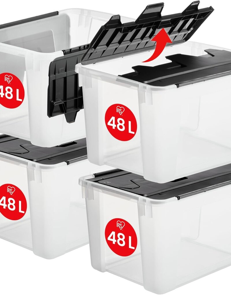 IRIS Iris Ohyama, Plastic Storage Box with Wing Lid, 48L, Set of 4, Transparent, BPA Free with Handles, Stackable and Nestable, Solid Organization, Bedroom, Dressing Room, Office, CWL-48
