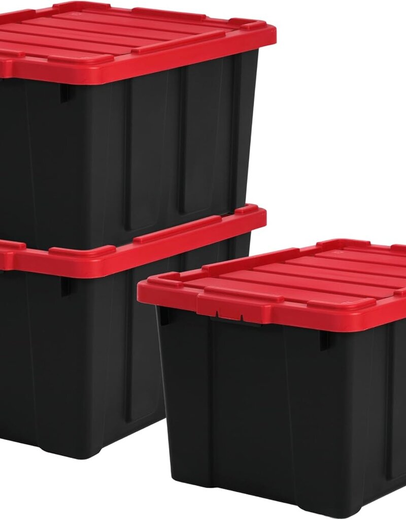 Iris Ohyama, Plastic Storage Box with Heavy Duty Lid 68L Set of 3 Black Stackable Garage Shelves Moving Plastic Tool Box Storage Box DDSKT-700